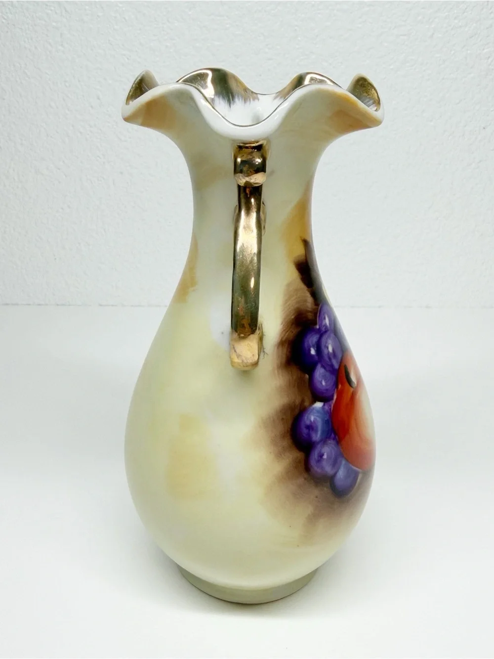 Vintage Enesco Japan Hand Painted Fruit Fluted Mini Urn Vase 6.5”